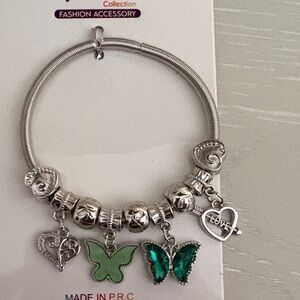 Silver and green butterfly heart stretchy bracelet